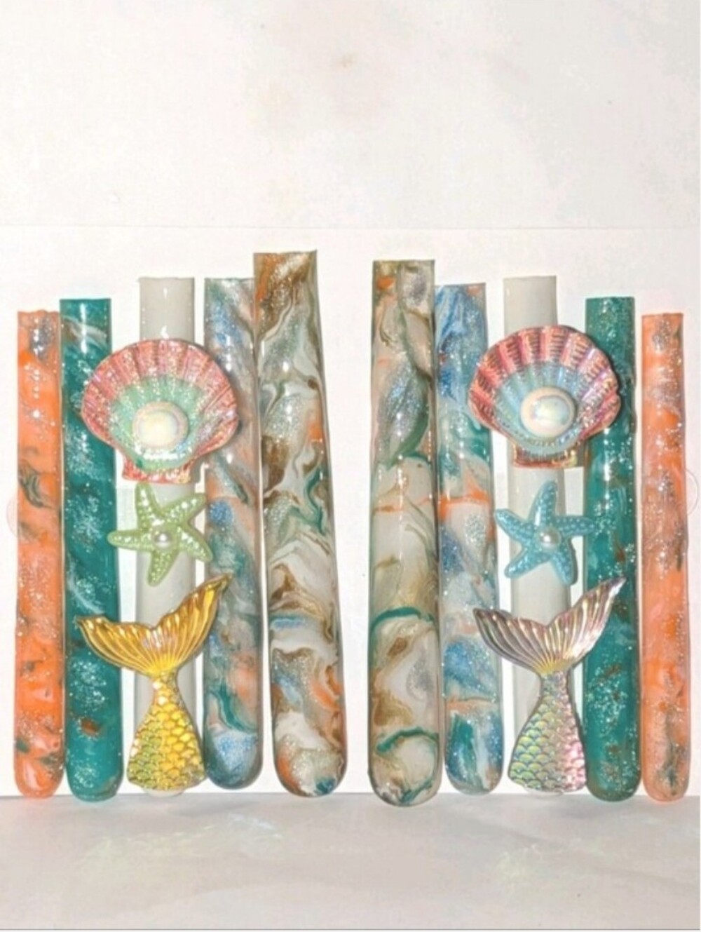 Hand Crafted Mermaid Marble Press-On Nails in Teal, Coral & Gold Sz M